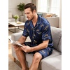 image:imageSWOMOG Men Silk Pajama Set Short Sleeve Satin PJs Sets 2 Piece Button Down Sleepwear Soft Summer Loungewear with PocketsNavy Blue Leopard