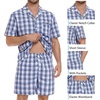 image:imageSWOMOG Mens 100 Cotton Pajama Set 2Pcs Button Down Pjs Set Short Sleeve Sleepwear with Pocket Soft Summer Stripe NightwearBrown White Plaid