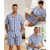 image:imageSWOMOG Mens 100 Cotton Pajama Set 2Pcs Button Down Pjs Set Short Sleeve Sleepwear with Pocket Soft Summer Stripe NightwearBrown White Plaid