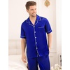 image:imageSWOMOG Mens Satin Pajama Set Short Sleeve Classic Sleepwear Button Down Silky Loungewear with Long PantsBlue