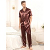 image:imageSWOMOG Mens Satin Pajama Set Short Sleeve Classic Sleepwear Button Down Silky Loungewear with Long PantsBrown