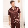 image:imageSWOMOG Mens Satin Pajama Set Short Sleeve Classic Sleepwear Button Down Silky Loungewear with Long PantsBrown