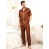 image:imageSWOMOG Mens Satin Pajama Set Short Sleeve Classic Sleepwear Button Down Silky Loungewear with Long PantsBrown Stripes