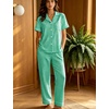 image:imageSWOMOG Women 100 Cotton Pajamas Set 2PCS ButtonDown Sleepwear Tops and Pants with Pocket Summer Loungewear M