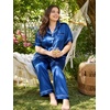 image:imageSWOMOG Womens Plus Size Pajamas Silk Satin Pajama Set Short Sleeve Shirt with FullLength Pants Pjs Sleepwear Set 18W26WNavy Blue