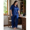 image:imageSWOMOG Womens Plus Size Pajamas Silk Satin Pajama Set Short Sleeve Shirt with FullLength Pants Pjs Sleepwear Set 18W26WNavy Blue