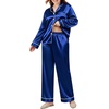 image:imageSWOMOG Womens Plus Size Pajamas Silky Pajama Set Button Down Sleepwear Classic Silk Pj Set Ladies Two Piece Loungewear SetNavy Blue