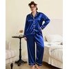 image:imageSWOMOG Womens Plus Size Pajamas Silky Pajama Set Button Down Sleepwear Classic Silk Pj Set Ladies Two Piece Loungewear SetNavy Blue