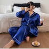 image:imageSWOMOG Womens Plus Size Pajamas Silky Pajama Set Button Down Sleepwear Classic Silk Pj Set Ladies Two Piece Loungewear SetNavy Blue