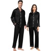 image:imageSWOMOG Couples Satin Pajamas Set 2PCS Pjs Sets Long Sleeve amp Pants Sleepwear Button Down Double Piping Loungewear with PocketBlack