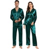 image:imageSWOMOG Couples Satin Pajamas Set Womens amp Mens Matching Silk Long Sleeve Sleepwear 2 Piece Button Down Pjs Set Lounge SetDeep Green