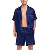 image:imageSWOMOG Men Satin Silk Pajamas Sets Short Sleeve Sleepwear ButtonDown PJs Sets TwoPieces Loungewear with PocketsNavy Blue