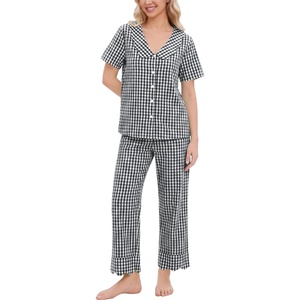 image:imageSWOMOG 100 Cotton Women Pajamas Set 2 Piece Short Sleeve Sleepwear Gingham Button Down Lounge Set Soft Ruffle PjsBlack White Plaid
