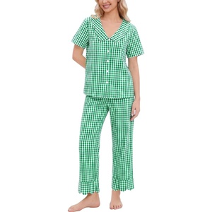 image:imageSWOMOG 100 Cotton Women Pajamas Set 2 Piece Short Sleeve Sleepwear Gingham Button Down Lounge Set Soft Ruffle PjsGreen Plaid