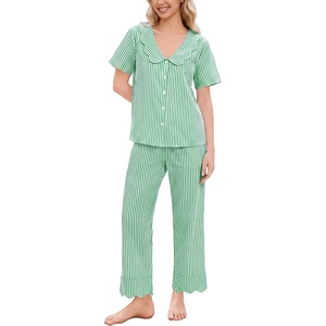 image:imageSWOMOG 100 Cotton Women Pajamas Set 2 Piece Short Sleeve Sleepwear Gingham Button Down Lounge Set Soft Ruffle PjsGreen Striped