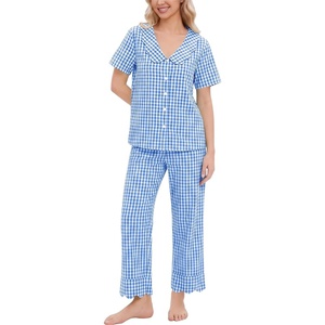 image:imageSWOMOG 100 Cotton Women Pajamas Set 2 Piece Short Sleeve Sleepwear Gingham Button Down Lounge Set Soft Ruffle PjsLight Blue White Plaid