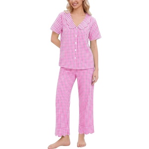 image:imageSWOMOG 100 Cotton Women Pajamas Set 2 Piece Short Sleeve Sleepwear Gingham Button Down Lounge Set Soft Ruffle PjsPink Plaid
