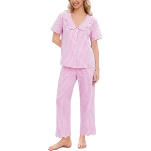 image:imageSWOMOG 100 Cotton Women Pajamas Set 2 Piece Short Sleeve Sleepwear Gingham Button Down Lounge Set Soft Ruffle PjsPink Striped