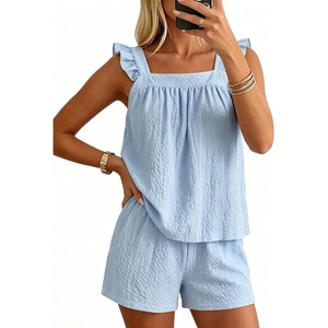 image:imageSWOMOG 2 Piece Ruffle Pjs Women Pajama Sets Cute Loungewear for Women Bridal Nightwear Tank Top and Shorts SXXLBlue