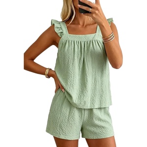 image:imageSWOMOG 2 Piece Ruffle Pjs Women Pajama Sets Cute Loungewear for Women Bridal Nightwear Tank Top and Shorts SXXLLight Green