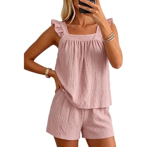 image:imageSWOMOG 2 Piece Ruffle Pjs Women Pajama Sets Cute Loungewear for Women Bridal Nightwear Tank Top and Shorts SXXLPink