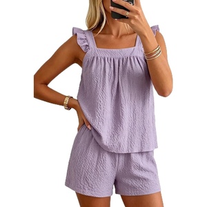 image:imageSWOMOG 2 Piece Ruffle Pjs Women Pajama Sets Cute Loungewear for Women Bridal Nightwear Tank Top and Shorts SXXLPurple