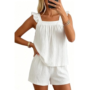 image:imageSWOMOG 2 Piece Ruffle Pjs Women Pajama Sets Cute Loungewear for Women Bridal Nightwear Tank Top and Shorts SXXLWhite