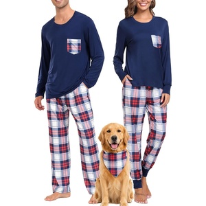 image:imageSWOMOG Adult Christmas Pajamas Buffalo Plaid Pajama Pants with Pockets Long Sleeve Tops for Couples amp FamilyNavy Blue