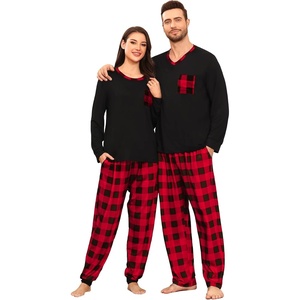 image:imageSWOMOG Couple Matching Pajamas Plaid Long Sleeve Christmas Pjs for Men and Women Soft Warm Loungewear with PocketRed Black Grid