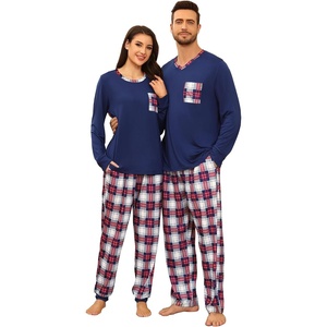 image:imageSWOMOG Couple Matching Pajamas Plaid Long Sleeve Christmas Pjs for Men and Women Soft Warm Loungewear with PocketRed Navy Grid