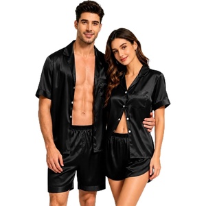 image:imageSWOMOG Couple Satin Matching Pajamas Sets Women amp Men Short Sleeve Sleepwear Silk Button Down Nightwear 2 Pieces LoungewearBlack