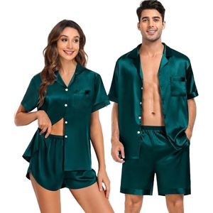 image:imageSWOMOG Couple Satin Matching Pajamas Sets Women amp Men Short Sleeve Sleepwear Silk Button Down Nightwear 2 Pieces LoungewearDark Green
