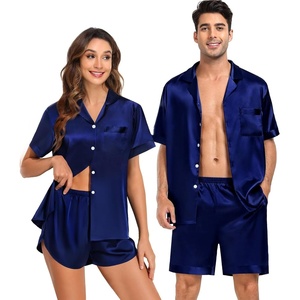 image:imageSWOMOG Couple Satin Matching Pajamas Sets Women amp Men Short Sleeve Sleepwear Silk Button Down Nightwear 2 Pieces LoungewearDark Navy Blue
