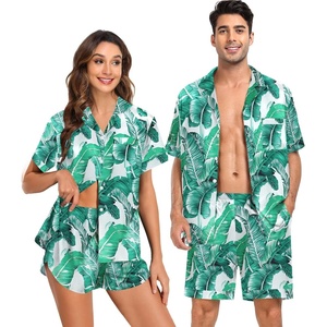 image:imageSWOMOG Couple Satin Matching Pajamas Sets Women amp Men Short Sleeve Sleepwear Silk Button Down Nightwear 2 Pieces LoungewearGreen Leaf