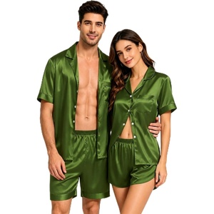 image:imageSWOMOG Couple Satin Matching Pajamas Sets Women amp Men Short Sleeve Sleepwear Silk Button Down Nightwear 2 Pieces LoungewearOlive Green