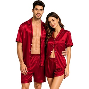 image:imageSWOMOG Couple Satin Matching Pajamas Sets Women amp Men Short Sleeve Sleepwear Silk Button Down Nightwear 2 Pieces LoungewearRed
