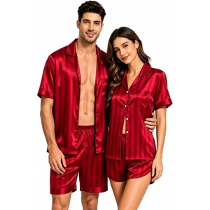 image:imageSWOMOG Couple Satin Matching Pajamas Sets Women amp Men Short Sleeve Sleepwear Silk Button Down Nightwear 2 Pieces LoungewearRed Striped