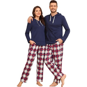 image:imageSWOMOG Couples Christmas Matching Pajamas Set Women amp Men Long Sleeve Sleepwear Hooded Top Plaid Pants Pjs with PocketsNavy Blue