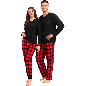 image:imageSWOMOG Couples Pajama Set Long Sleeve and Plaid Pants with Pockets Pjs Soft Sleepwear Lounge SetBlack  Red Plaid