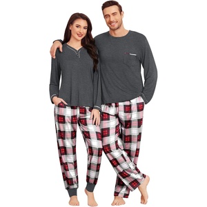 image:imageSWOMOG Couples Pajama Set Long Sleeve and Plaid Pants with Pockets Pjs Soft Sleepwear Lounge SetDeep Grey