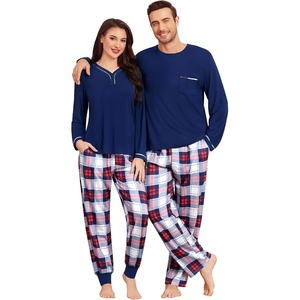 image:imageSWOMOG Couples Pajama Set Long Sleeve and Plaid Pants with Pockets Pjs Soft Sleepwear Lounge SetNavy Blue