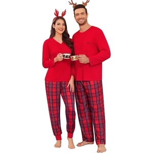 image:imageSWOMOG Couples Pajama Set Long Sleeve and Plaid Pants with Pockets Pjs Soft Sleepwear Lounge SetRed