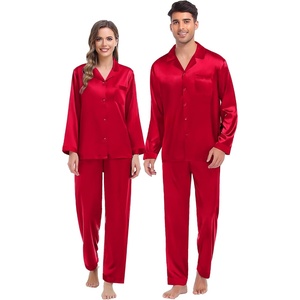 image:imageSWOMOG Couples Pajama Sets Men amp Women Satin Long Sleeve Sleepwear Silky Classic Button Down Soft Loungewear Pjs Set Women Pure Red XLarge