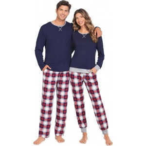 image:imageSWOMOG Couples Pajamas Set Women amp Men Long Sleeve Sleepwear Pjs Top Plaid Pants Loungewear Set with PocketsNavy Blue  Blue Plaid