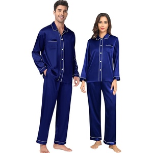 image:imageSWOMOG Couples Satin Pajamas Set 2PCS Pjs Sets Long Sleeve amp Pants Sleepwear Button Down Double Piping Loungewear with PocketDeep Navy Blue