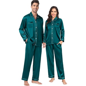 image:imageSWOMOG Couples Satin Pajamas Set 2PCS Pjs Sets Long Sleeve amp Pants Sleepwear Button Down Double Piping Loungewear with PocketGreen
