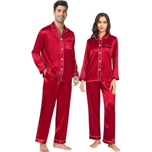 image:imageSWOMOG Couples Satin Pajamas Set 2PCS Pjs Sets Long Sleeve amp Pants Sleepwear Button Down Double Piping Loungewear with PocketRed