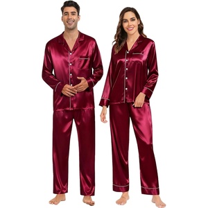 image:imageSWOMOG Couples Satin Pajamas Set Womens amp Mens Matching Silk Long Sleeve Sleepwear 2 Piece Button Down Pjs Set Lounge SetDeep Wine Red