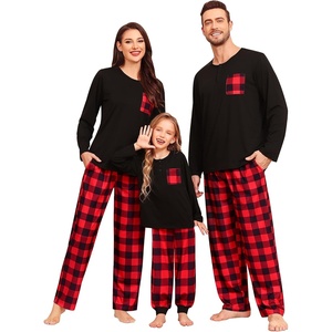 image:imageSWOMOG Family Christmas Matching Pajamas Set WomenMen Modal Pajama 2 PCS Long Sleeve Sleepwear Sets with Pockets Kids Red Black Plaid 150 CM