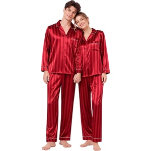 image:imageSWOMOG Family Matching Button Down Pajamas Pjs Silk Satin Long Sleeve Shirt Long Pants Set Sleepwear 2 Pcs Outfits LoungewearRed Stripes